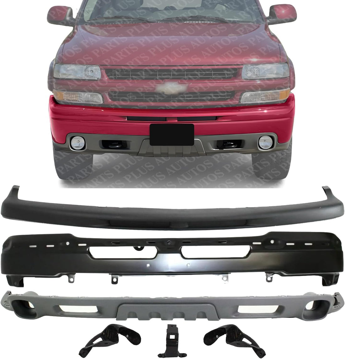 Front Bumper Steel Primed Without Bracket + Upper Cover + Lower Valance Air Deflector Textured Gray + Set Of 3 Bracket Direct Replacement Compatible With 2000-2006 Chevrolet Tahoe
