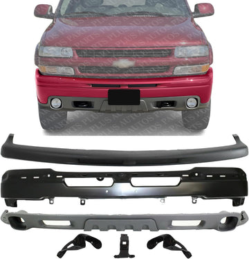 Front Bumper Steel Primed Without Bracket + Upper Cover + Lower Valance Air Deflector Textured Gray + Set Of 3 Bracket Direct Replacement Compatible With 2000-2006 Chevrolet Tahoe