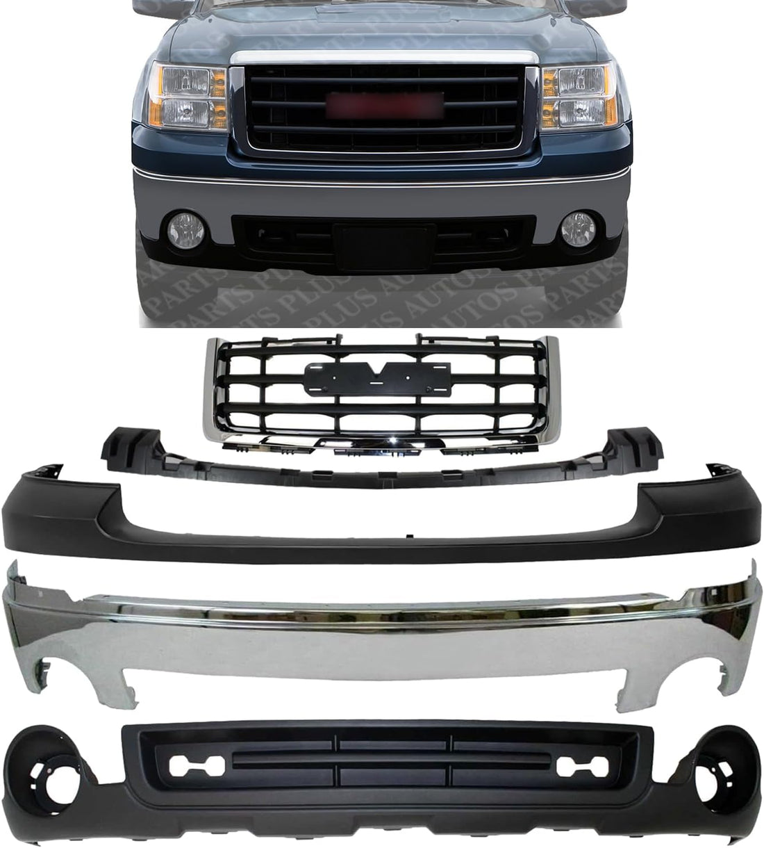 Front Bumper + Grille Chrome Shell With Painted Black Insert + Upper Cover Primed + Bracket + Lower Valance Textured Direct Replacement Compatible With 2007-2013 GMC Sierra 1500