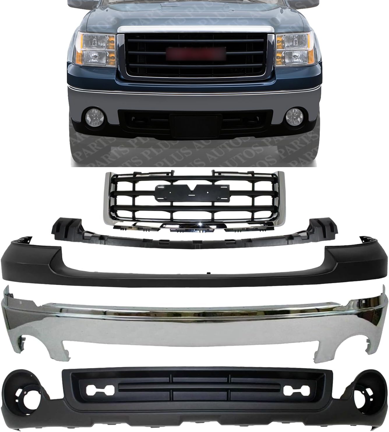 Front Bumper + Grille Chrome Shell With Painted Black Insert + Upper Cover Primed + Bracket + Lower Valance Textured Direct Replacement Compatible With 2007-2013 GMC Sierra 1500