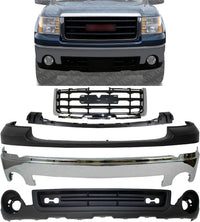 Front Bumper + Grille Chrome Shell With Painted Black Insert + Upper Cover Primed + Bracket + Lower Valance Textured Direct Replacement Compatible With 2007-2013 GMC Sierra 1500