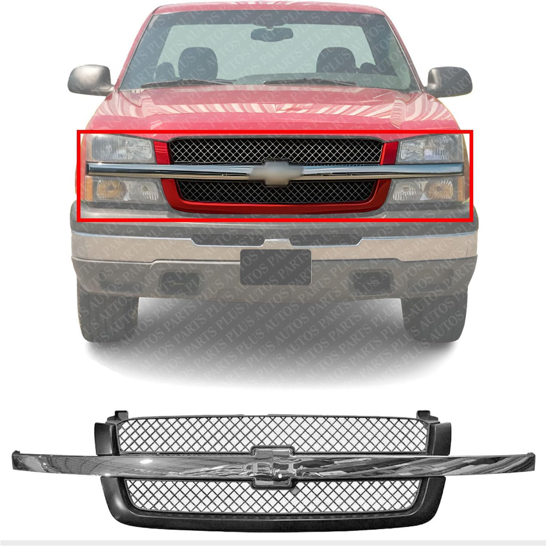 Front Grille Mesh Gray With Chrome Center Bar Direct Replacement Compatible With 2003-2006 Chevrolet Silverado GM1200489 19168629