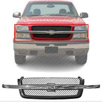 Front Grille Mesh Gray With Chrome Center Bar Direct Replacement Compatible With 2003-2006 Chevrolet Silverado GM1200489 19168629