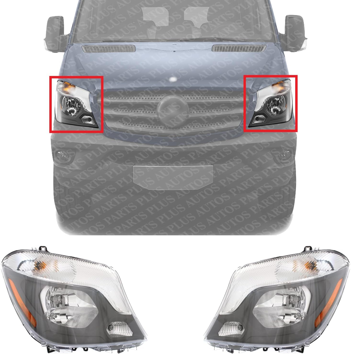 Set Of 2 Front Head Light Assembly Plastic Left Driver & Right Passenger Side Direct Replacement Compatible With 2014-2018 Mercedes Benz Sprinter 2500/3500 MB2502221 MB2503221