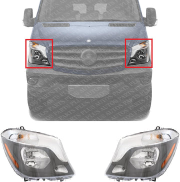 Set Of 2 Front Head Light Assembly Plastic Left Driver & Right Passenger Side Direct Replacement Compatible With 2014-2018 Mercedes Benz Sprinter 2500/3500 MB2502221 MB2503221