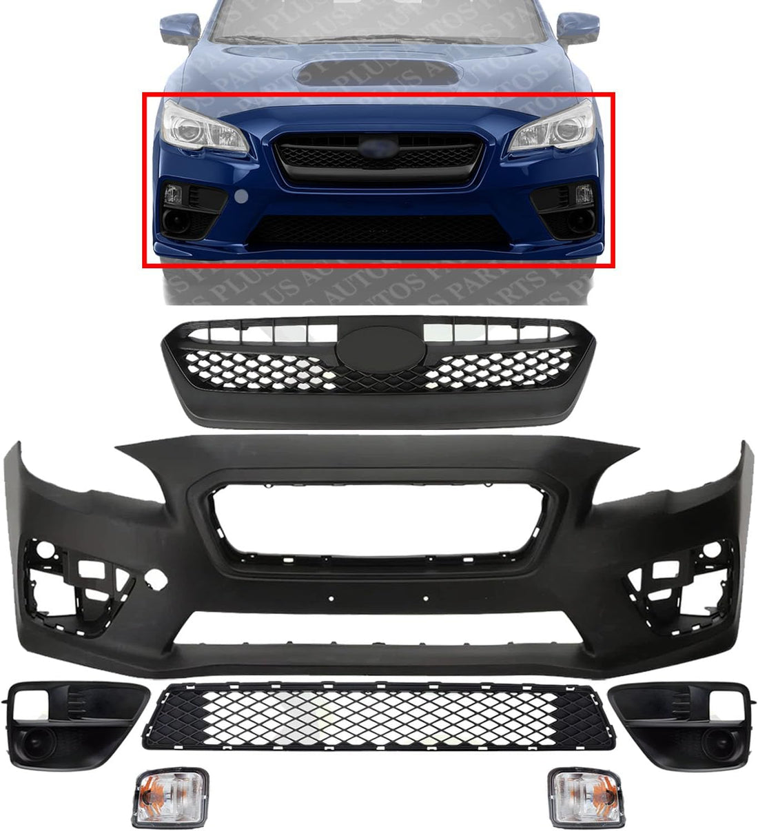 Front Bumper Cover Primed Plastic + Upper & Lower Grille + Signal Lamp + Fog Light + Trim Left Driver & Right Passenger Side Direct Replacement Compatible With 2015-2017 Subaru WRX