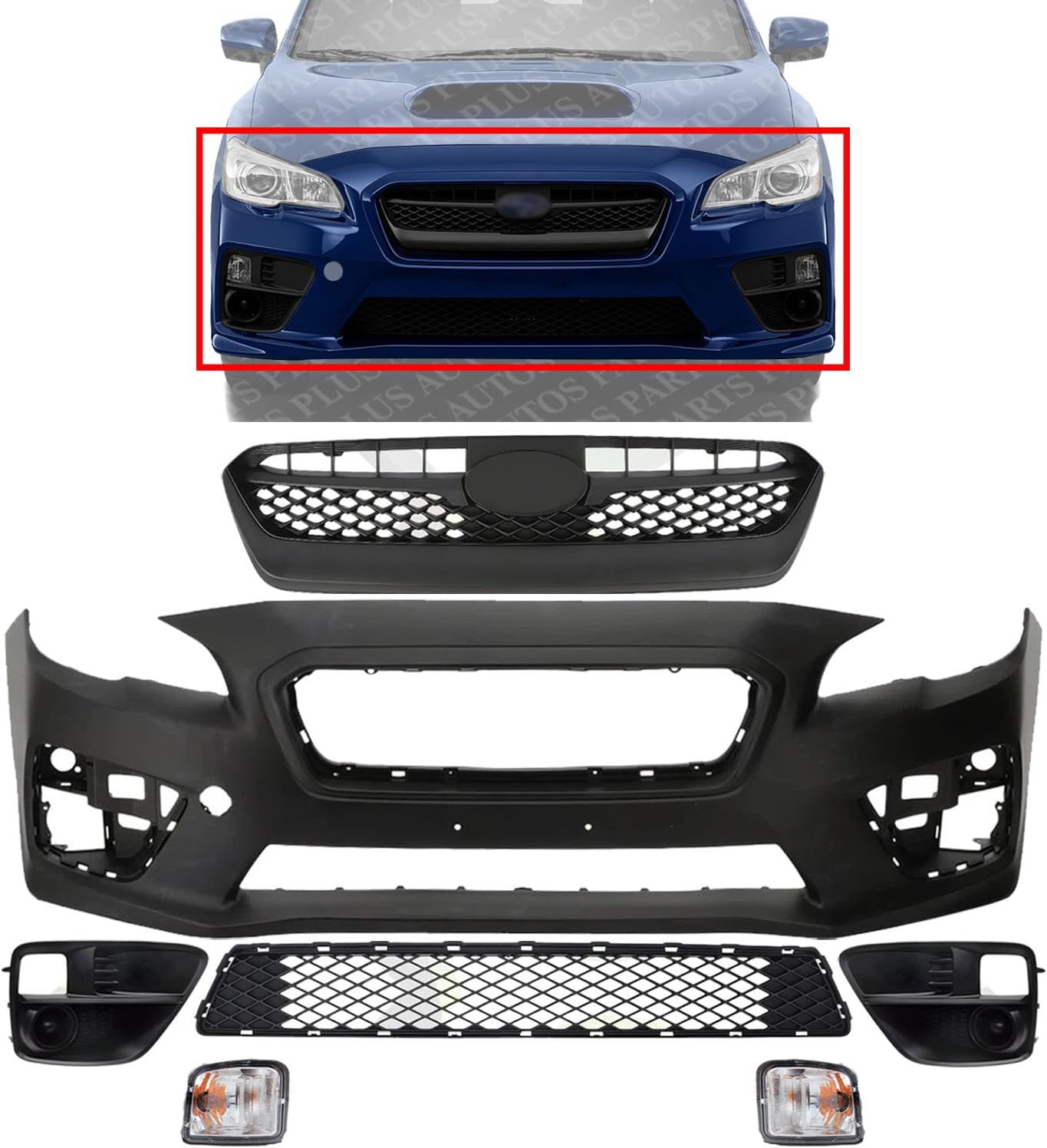 Front Bumper Cover Primed Plastic + Upper & Lower Grille + Signal Lamp + Fog Light + Trim Left Driver & Right Passenger Side Direct Replacement Compatible With 2015-2017 Subaru WRX