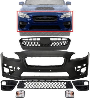 Front Bumper Cover Primed Plastic + Upper & Lower Grille + Signal Lamp + Fog Light + Trim Left Driver & Right Passenger Side Direct Replacement Compatible With 2015-2017 Subaru WRX