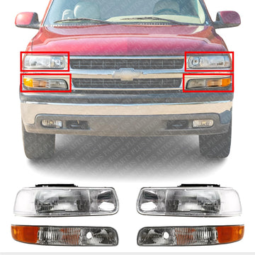 Front Head Light Assembly + Park Lamp Left Driver & Right Passenger Side Direct Replacement Compatible With 1999-2002 Chevrolet Silverado / 2000-2006 Tahoe GM2502187 GM2503187