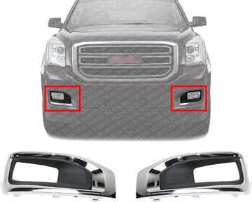 Set Of 2 Front Fog Light Molding Primed With Chrome Bezel Left Driver & Right Passenger Side Direct Replacement Compatible With 2015-2020 GMC Yukon/XL GM1039187 GM1038187 22936427