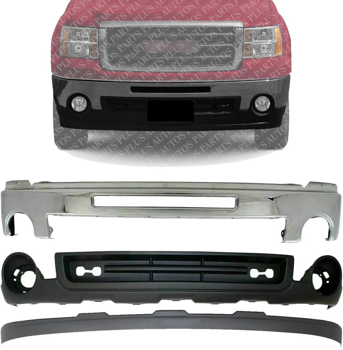Front Bumper Chrome With Air Hole + Lower Valance Air Deflector & Extension Textured Direct Replacement Compatible With 2007-2013 GMC Sierra 1500 GM1002834 GM1015100 GM10922