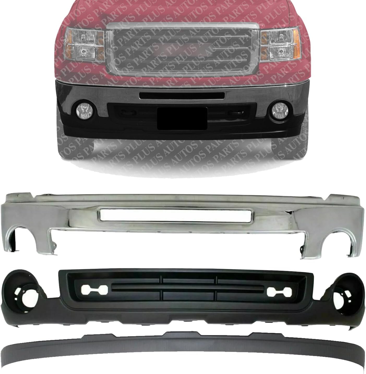 Front Bumper Chrome With Air Hole + Lower Valance Air Deflector & Extension Textured Direct Replacement Compatible With 2007-2013 GMC Sierra 1500 GM1002834 GM1015100 GM10922