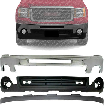 Front Bumper Chrome With Air Hole + Lower Valance Air Deflector & Extension Textured Direct Replacement Compatible With 2007-2013 GMC Sierra 1500 GM1002834 GM1015100 GM10922