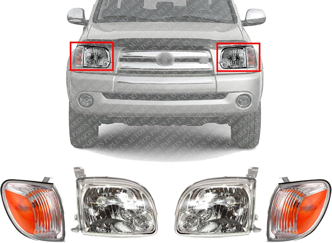 AUTOS PARTS PLUS Front Headlights + Signal Lamps Assembly Right Passenger & Left Driver Side Direct Replacement Compatible With 2005-2006 Toyota Tundra TO2503166 TO2502166 TO2530148 TO2531148
