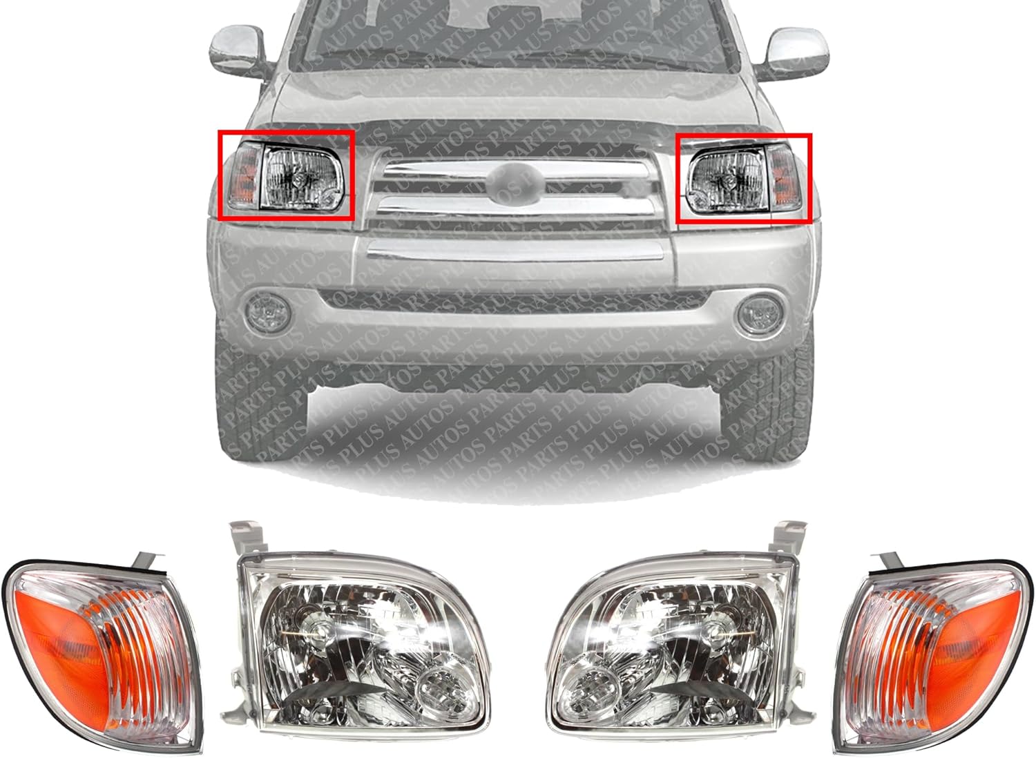 AUTOS PARTS PLUS Front Headlights + Signal Lamps Assembly Right Passenger & Left Driver Side Direct Replacement Compatible With 2005-2006 Toyota Tundra TO2503166 TO2502166 TO2530148 TO2531148