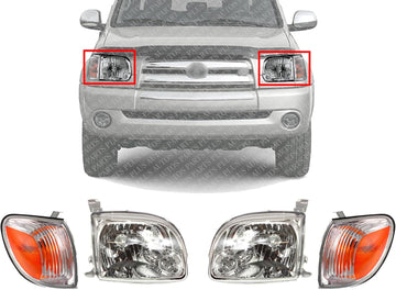 AUTOS PARTS PLUS Front Headlights + Signal Lamps Assembly Right Passenger & Left Driver Side Direct Replacement Compatible With 2005-2006 Toyota Tundra TO2503166 TO2502166 TO2530148 TO2531148