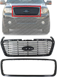 Front Grille Primed Shell And Chrome Billet Style Bar Insert Direct Replacement Compatible With 2006-2008 Ford F-150 FO1200517 6L3Z8200APTM