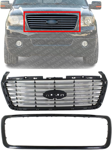 Front Grille Primed Shell And Chrome Billet Style Bar Insert Direct Replacement Compatible With 2006-2008 Ford F-150 FO1200517 6L3Z8200APTM