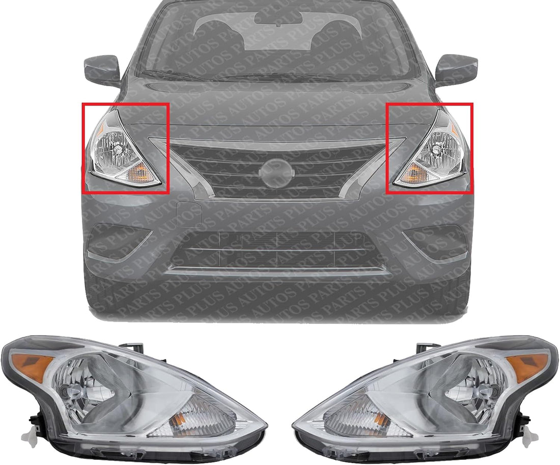 Set Of 2 Front Head Light Assembly Plastic Left Driver & Right Passenger Side Direct Replacement Compatible With 2015-2019 Nissan Versa NI2503230 NI2502230 260109KK0A 260609KK0A