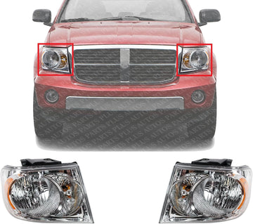 Set Of 2 Front Headlight Assembly With Chrome Interior Left Driver & Right Passenger Side Direct Replacement Compatible With 2007-2009 Dodge Durango CH2518121 CH2519121 55078017AI