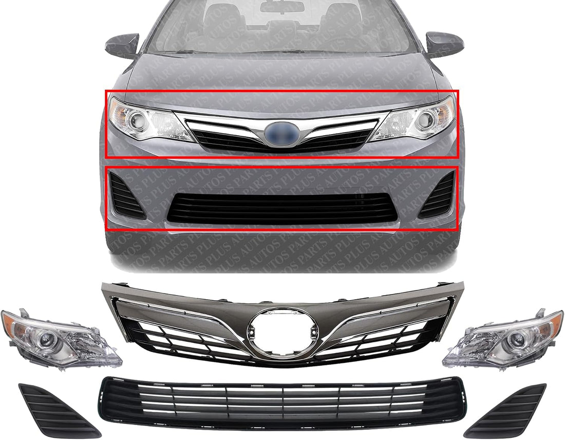 Front Upper & Lower Grille + Headlights + Fog Light Covers Primed Left Driver & Right Passenger Side Direct Replacement Compatible With 2012-2014 Toyota Camry TO1200343 TO1036128