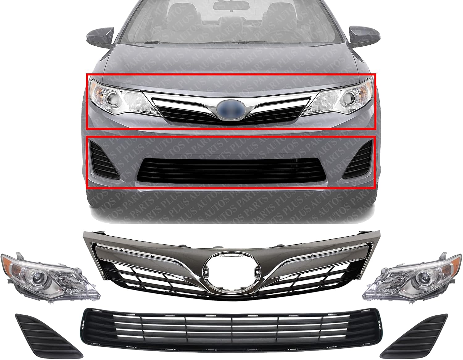 Front Upper & Lower Grille + Headlights + Fog Light Covers Primed Left Driver & Right Passenger Side Direct Replacement Compatible With 2012-2014 Toyota Camry TO1200343 TO1036128