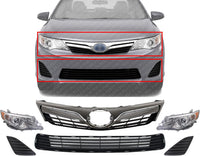 Front Upper & Lower Grille + Headlights + Fog Light Covers Primed Left Driver & Right Passenger Side Direct Replacement Compatible With 2012-2014 Toyota Camry TO1200343 TO1036128