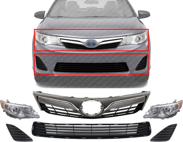 Front Upper & Lower Grille + Headlights + Fog Light Covers Primed Left Driver & Right Passenger Side Direct Replacement Compatible With 2012-2014 Toyota Camry TO1200343 TO1036128