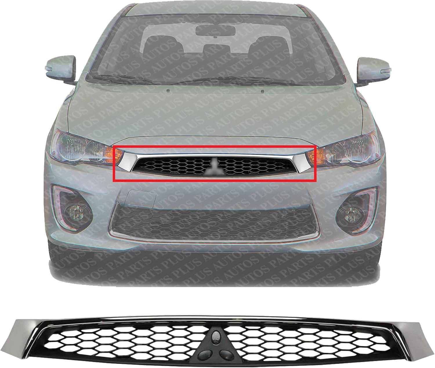 Front Grille Assembly Texture Black Insert With Chrome Molding Plastic Direct Replacement Compatible With 2016-2017 Mitsubishi Lancer MI1200267 7450B019