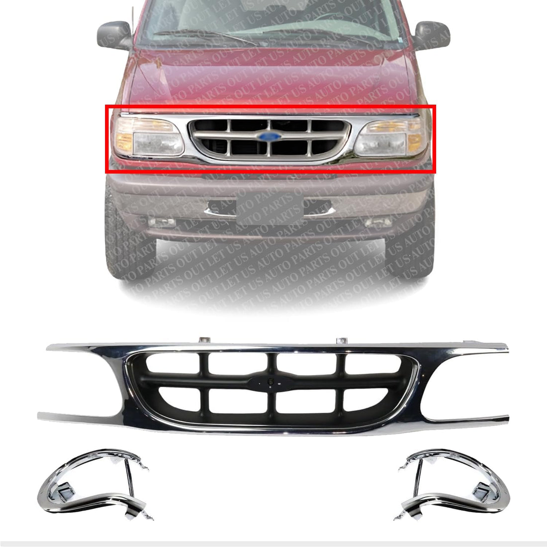 Front Grille Chrome Shell With Silver Gray Insert Plastic With Headlight Bezels Direct Replacement Compatible With 1995-2001 Ford Explorer FO1200316 F87Z8200NAD