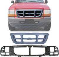 Front Header Panel Thermoplastic And Fiberglass + Grille Textured Gray Shell And Insert Direct Replacement Compatible With 1998-2000 Ford Ranger FO1200343 FO1220215 F87Z8200JA