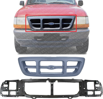 Front Header Panel Thermoplastic And Fiberglass + Grille Textured Gray Shell And Insert Direct Replacement Compatible With 1998-2000 Ford Ranger FO1200343 FO1220215 F87Z8200JA