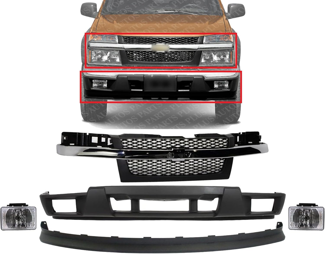 AUTOS PARTS PLUS Front Grille + Lower Valance + Extension + Fog Lights Assembly Left Driver & Right Passenger Side Direct Replacement Compatible With 2004-2012 Chevrolet Colorado/GMC Canyon