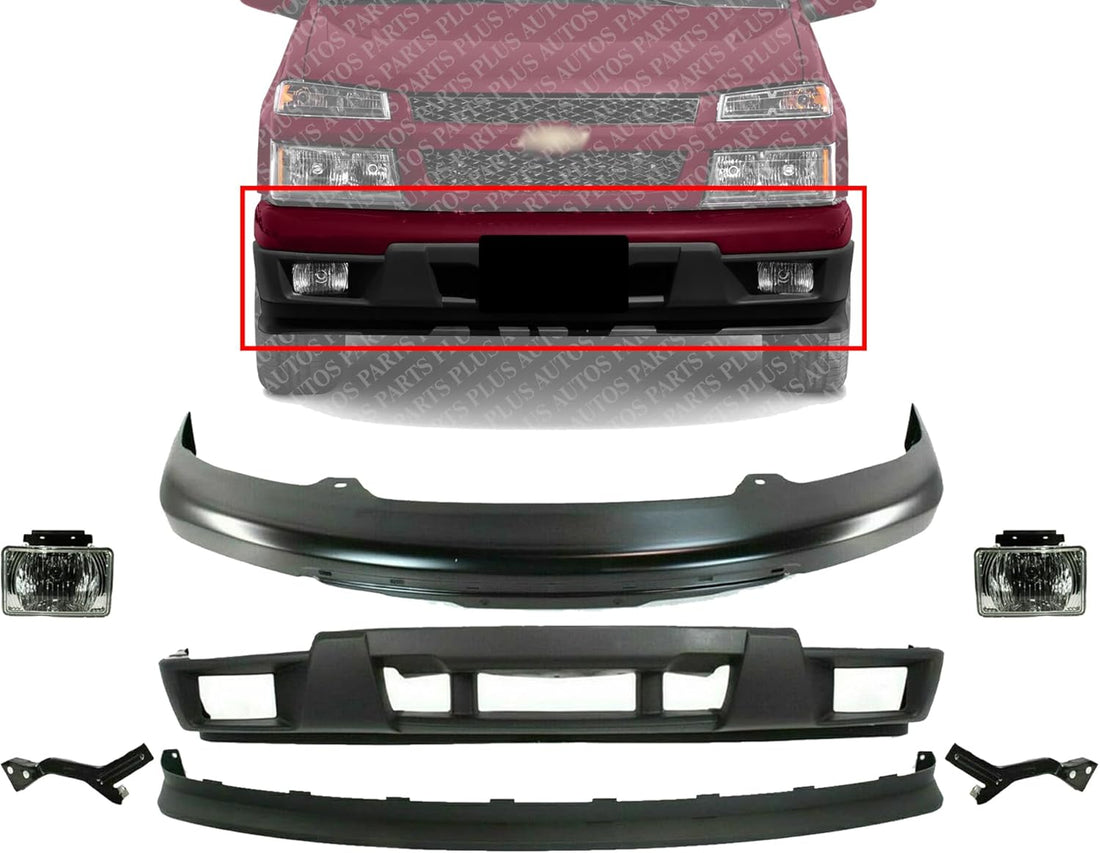 AUTOS PARTS PLUS Front Bumper Steel With Brackets + Lower Valance + Extension Textured + Fog Light Right Passenger & Left Driver Side Direct Replacement Compatible With 2004-2012 Chevrolet Colorado