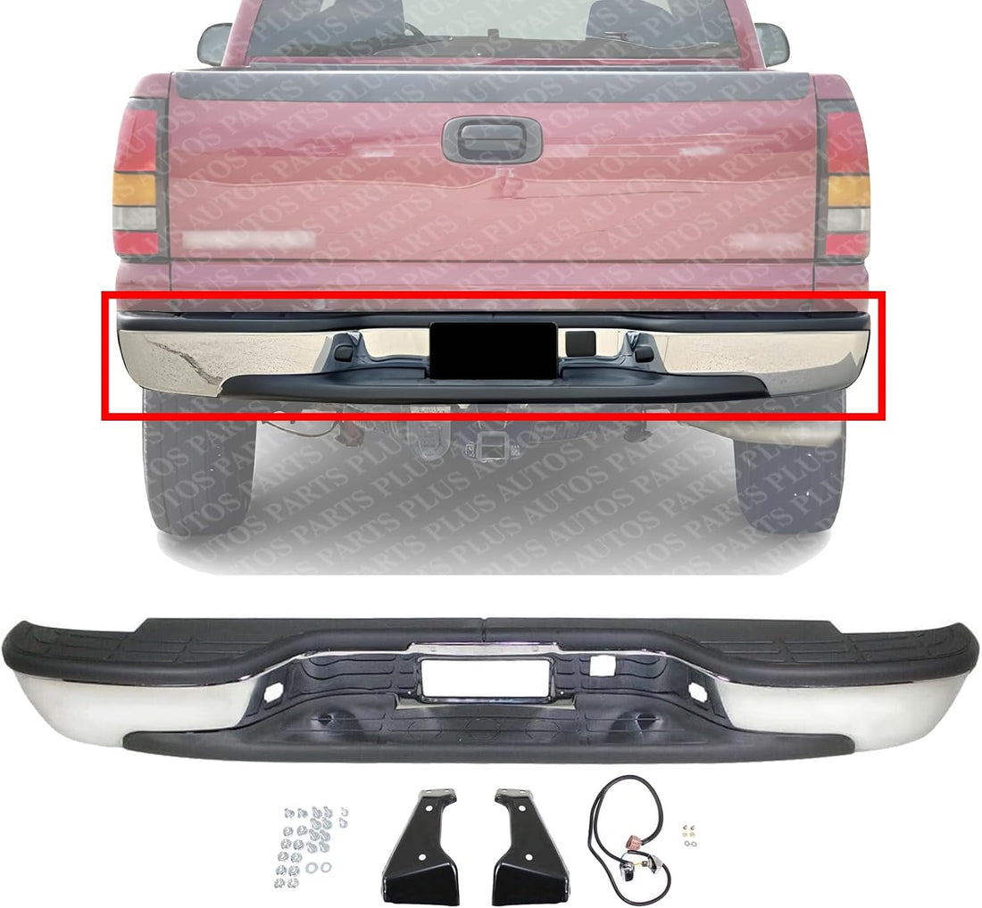 Step Bumper Face Bar With Pad Provision And Mounting Bracket Chrome Direct Replacement Compatible With 1999-2006 GMC Sierra/Chevrolet Silverado 1500 GM1103123 12496087