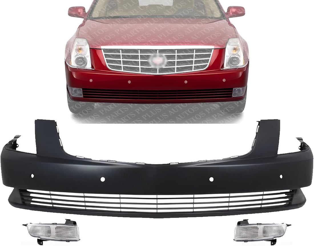 Front Bumper Cover Primed Plastic + Fog Lights Left Driver & Right Passenger Side Direct Replacement Compatible With 2006-2011 Cadillac DTS