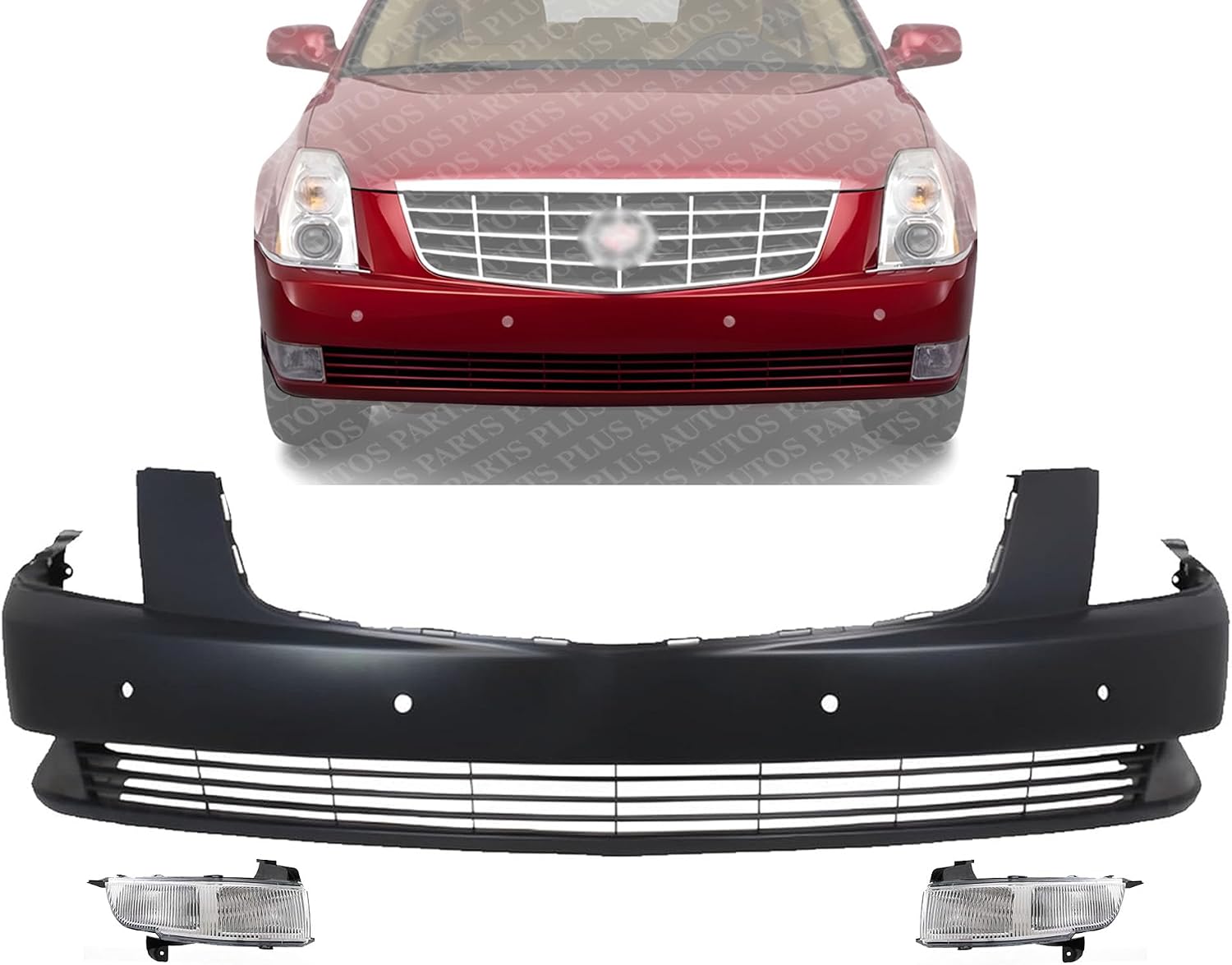 Front Bumper Cover Primed Plastic + Fog Lights Left Driver & Right Passenger Side Direct Replacement Compatible With 2006-2011 Cadillac DTS