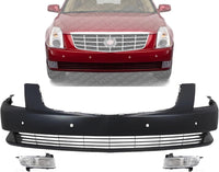 Front Bumper Cover Primed Plastic + Fog Lights Left Driver & Right Passenger Side Direct Replacement Compatible With 2006-2011 Cadillac DTS