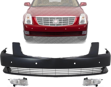 Front Bumper Cover Primed Plastic + Fog Lights Left Driver & Right Passenger Side Direct Replacement Compatible With 2006-2011 Cadillac DTS