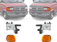 Front Headlights Assembly + Corner Lamp Right Passenger & Left Driver Side Direct Replacement Compatible With 1998-2003 Dodge Ram Full Size Van CH2503118 CH2502118 CH2520132 CH2521132