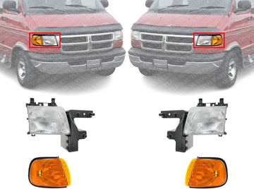 Front Headlights Assembly + Corner Lamp Right Passenger & Left Driver Side Direct Replacement Compatible With 1998-2003 Dodge Ram Full Size Van CH2503118 CH2502118 CH2520132 CH2521132