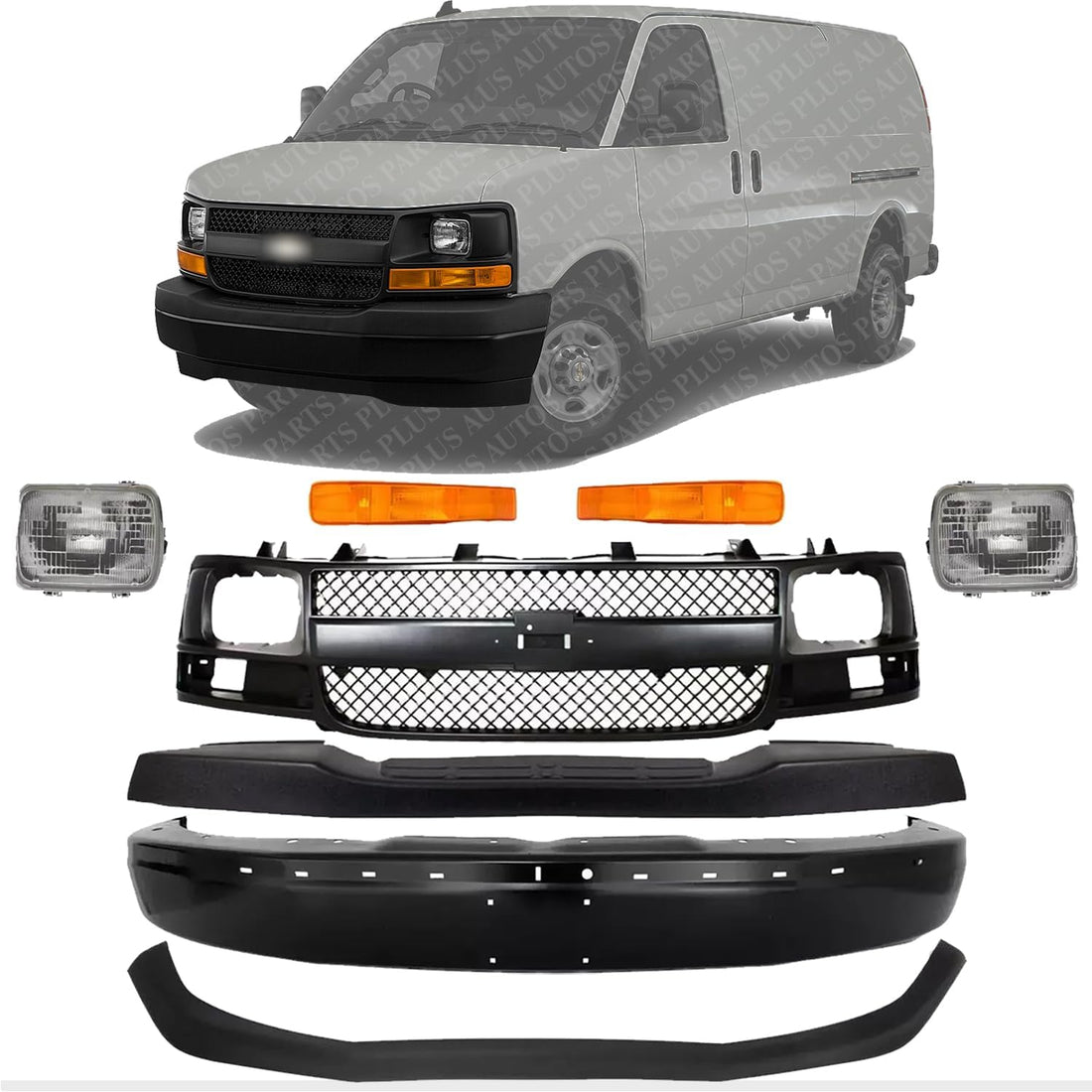 Front Bumper + Upper Cover + Lower Valance + Grille Shell & Insert + Head Light + Signal Lamp Left & Right Side Direct Replacement Compatible With 2003-2017 Savana/Express Van