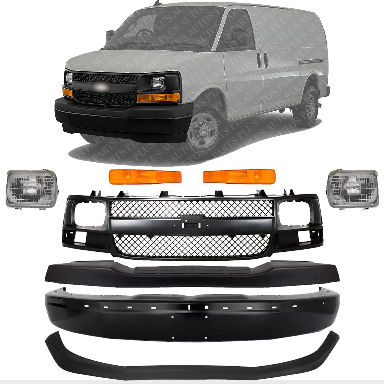 Front Bumper + Upper Cover + Lower Valance + Grille Shell & Insert + Head Light + Signal Lamp Left & Right Side Direct Replacement Compatible With 2003-2017 Savana/Express Van