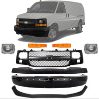 Front Bumper + Upper Cover + Lower Valance + Grille Shell & Insert + Head Light + Signal Lamp Left & Right Side Direct Replacement Compatible With 2003-2017 Savana/Express Van