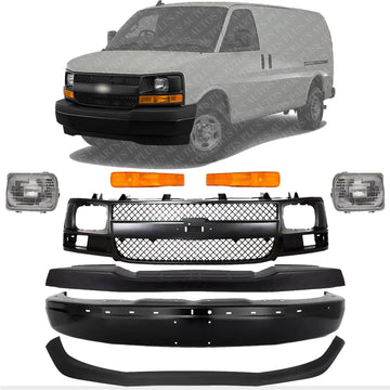 Front Bumper + Upper Cover + Lower Valance + Grille Shell & Insert + Head Light + Signal Lamp Left & Right Side Direct Replacement Compatible With 2003-2017 Savana/Express Van