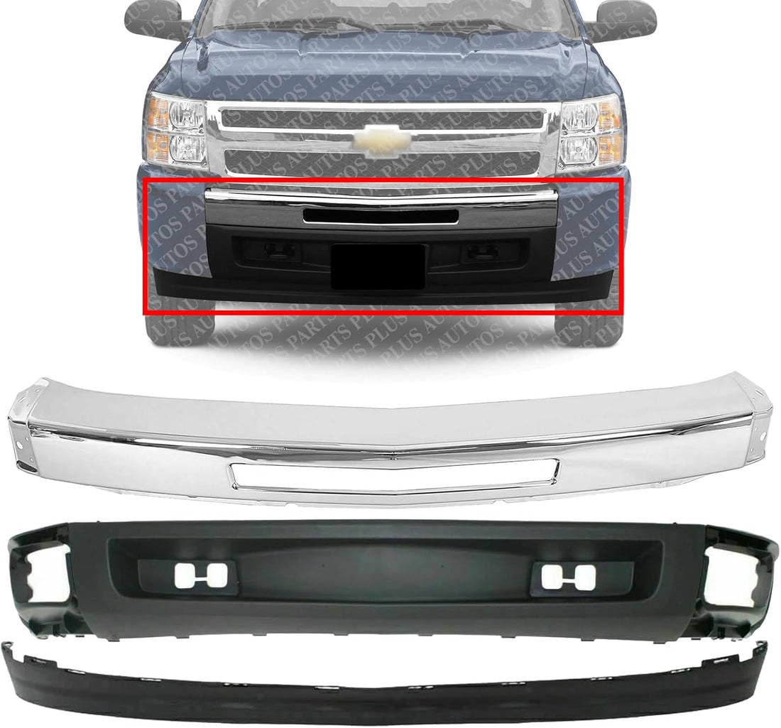Front Bumper Chrome Steel + Lower Valance Air Deflector + Extension Textured Direct Replacement Compatible With Chevrolet Silverado 1500 2007-2013 GM1092191 GM1002831 GM1092192