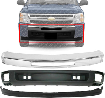 Front Bumper Chrome Steel + Lower Valance Air Deflector + Extension Textured Direct Replacement Compatible With Chevrolet Silverado 1500 2007-2013 GM1092191 GM1002831 GM1092192