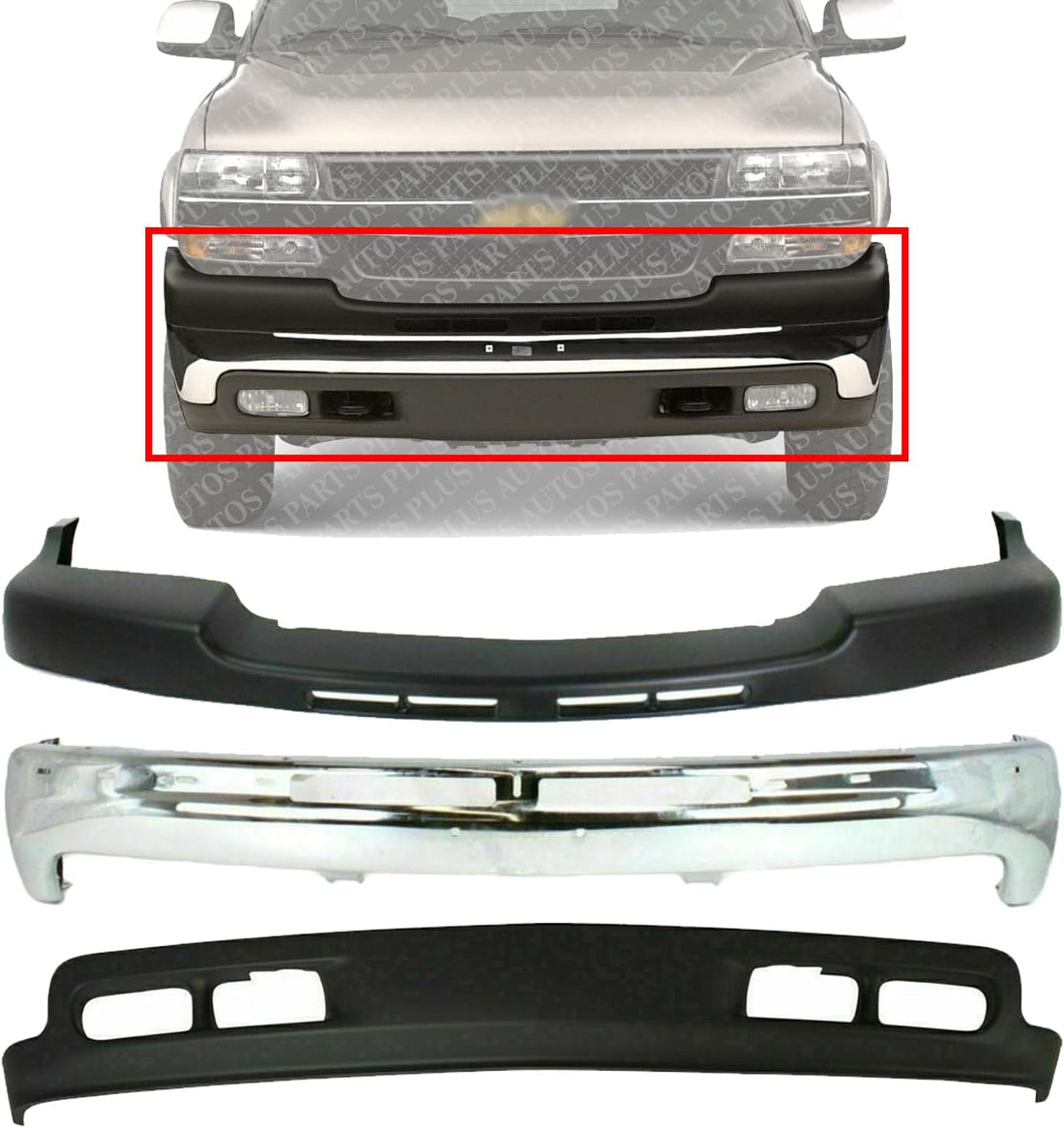 Front Bumper Chrome Steel + Upper Cover Textured + Lower Valance Air Deflector Direct Replacement Compatible With 2001-2002 Chevrolet Silverado 2500HD 3500 GM1002376 GM1051106