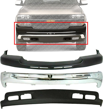 Front Bumper Chrome Steel + Upper Cover Textured + Lower Valance Air Deflector Direct Replacement Compatible With 2001-2002 Chevrolet Silverado 2500HD 3500 GM1002376 GM1051106