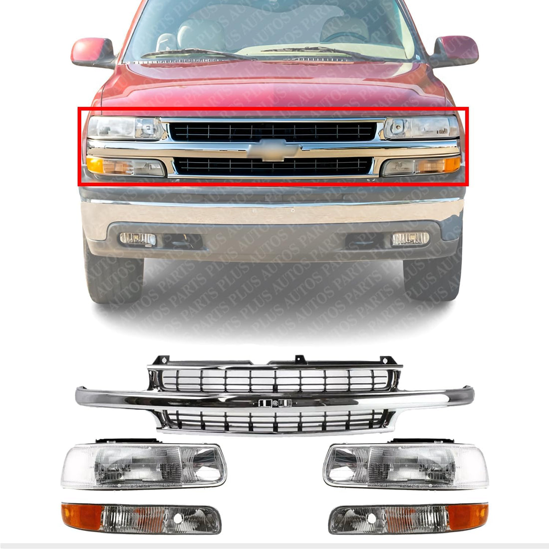 Front Grille Chrome Shell With Cross Bar Insert + Headlights + Park Lamp Right & Left Side Direct Replacement Compatible With 2000-2006 Chevrolet Tahoe/Chevrolet Suburban GM1200442